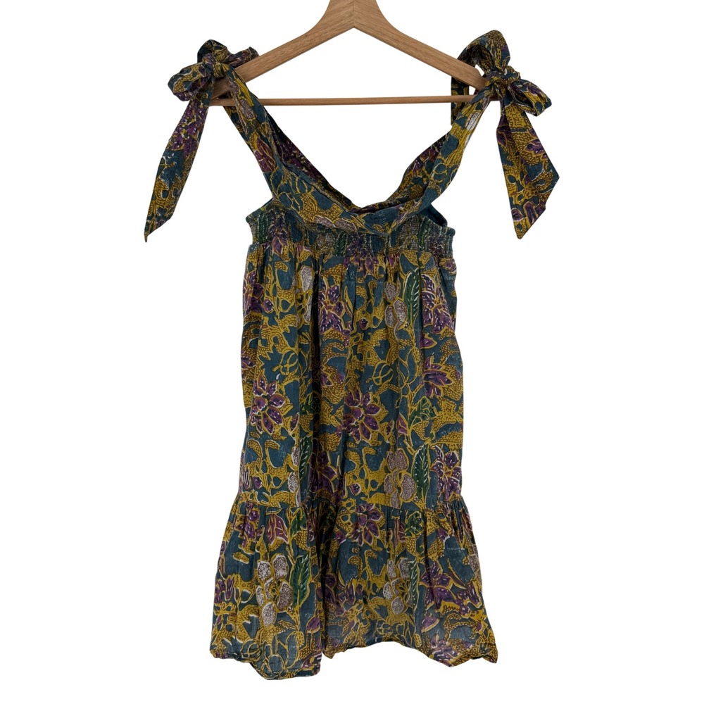 Cleobella Violette Mini Dress Womens Small Teal Floral Indo Block Organic Cotton - Picture 2 of 9